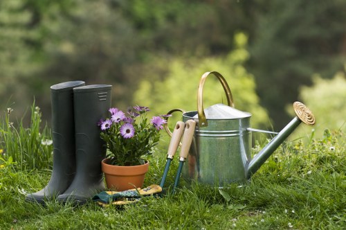 Landscape workers reviewing site safety measures before starting work